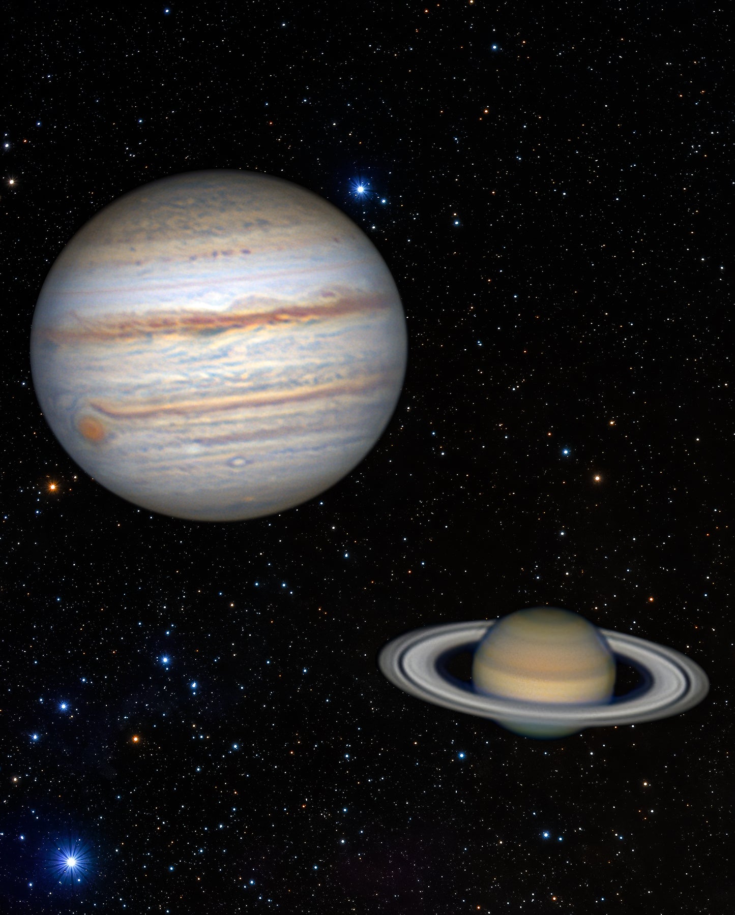 A composite of high resolution photographs with the planet Jupiter and Saturn in the front, and a field of stars in the background.