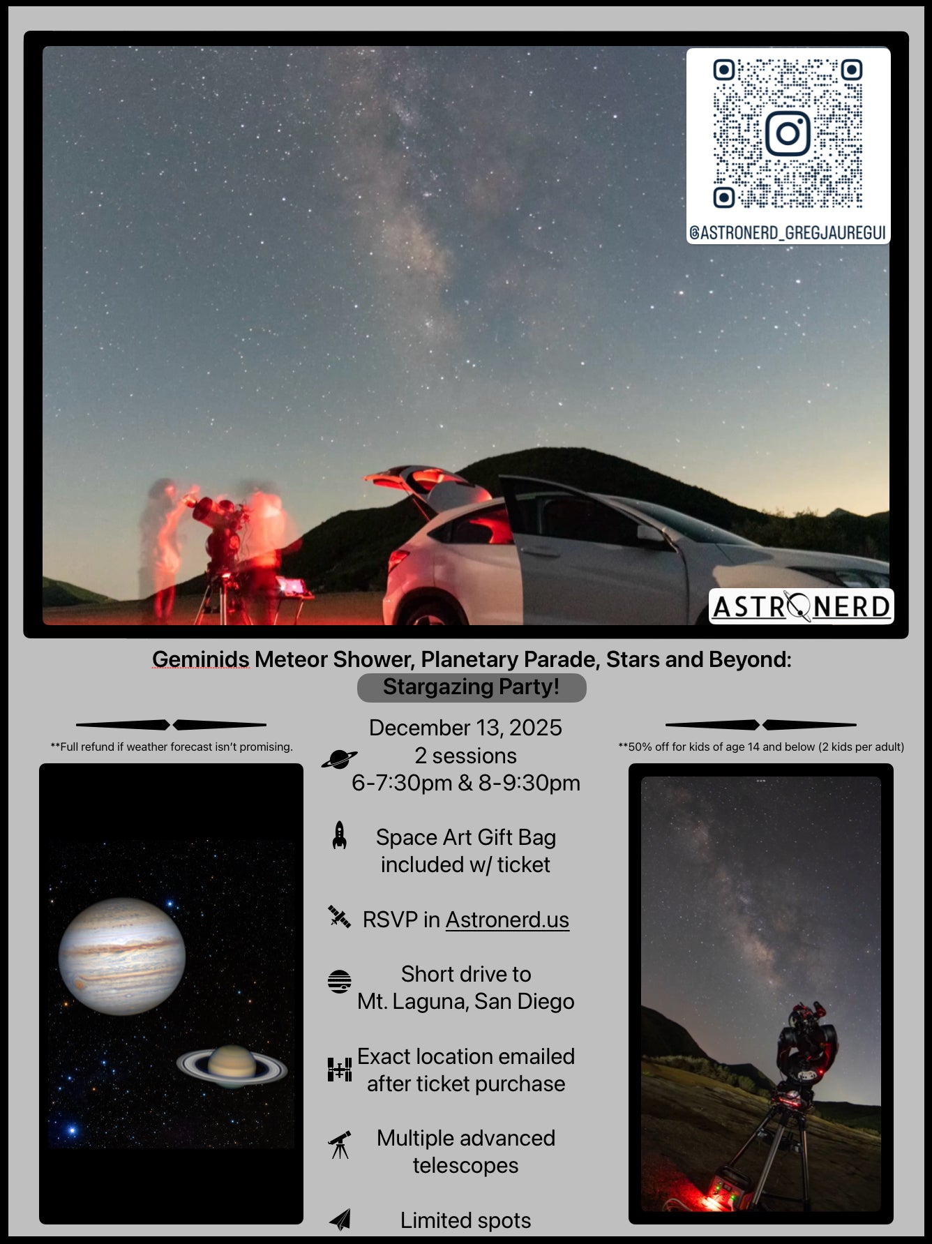 December 13th, 2025 ~ The Geminids Meteor Shower, A Planetary Parade, and Further Deep into the Universe: A Winter Stargazing Experience in San Diego, California